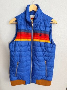Aviator Nation Blue Puffer Jacket with Rainbow Chest Stripes